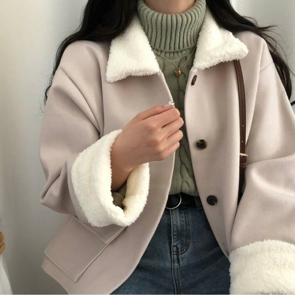 Beige Sherpa Trim Lightweight Korean Cozy Overshirt Jacket - Picture 12 of 12